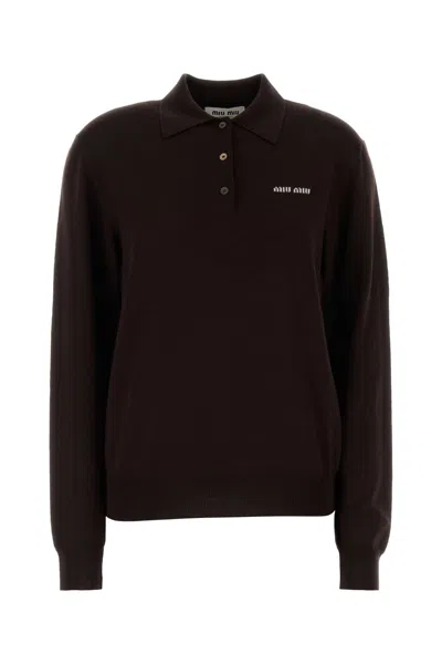 Miu Miu Wool Knit Polo Shirt Long Sleeves In Brown
