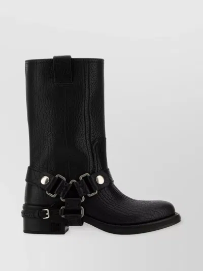 Miu Miu Chunky Heel Mid-calf Round Toe Boots In Black