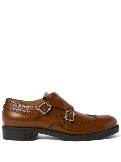 Miu Miu X Church's Double Monk Leather Brogues Shoes In Tabacco