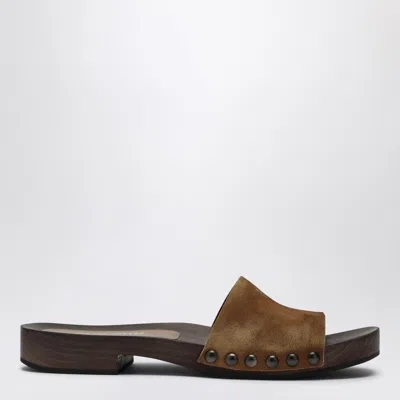 Miu Miu Cinnamon Coloured Suede Clogs With Logo In Brown