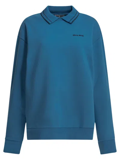 Miu Miu Classic Collared Cotton Sweatshirt With Relaxed Fit In Blue