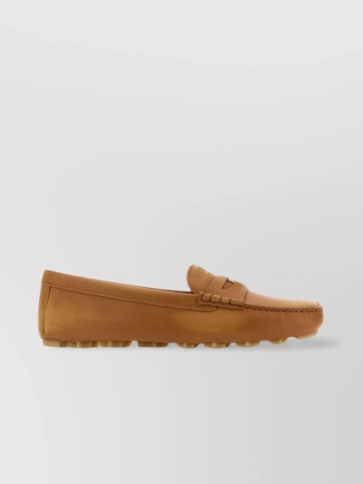 Miu Miu Classic Round Toe Leather Loafers In Brown