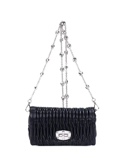 Pre-owned Miu Miu Cloqué Chain-strap Crystal-embellishment Clutch Bag In Black