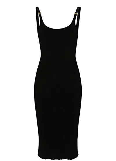 Miu Miu Logo-plaque Ribbed Midi Dress In Black