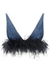Miu Miu Feather-trimmed Denim Bra Top