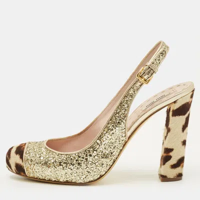 Pre-owned Miu Miu Coarse Size 40.5 Gold Calf Hair And Glitter Block Heel Slingback Pumps