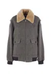 Miu Miu Checked Virgin Wool Jacket With Shearling Collar In Gray