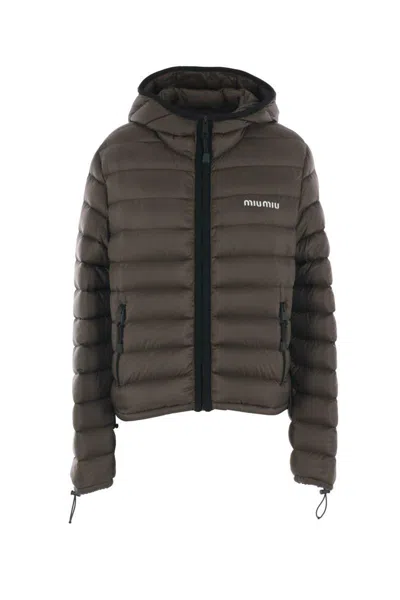 Miu Miu Hoode Puff Coat In Brown