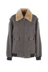 Miu Miu Checked Virgin Wool Jacket With Shearling Collar In Gray
