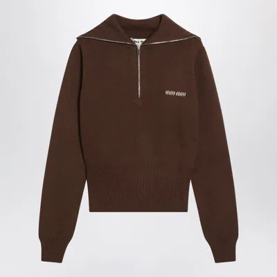 Miu Miu Cocoa Cashmere Sweater With Zip Women In Brown