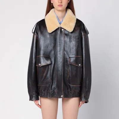 Miu Miu Coffee-coloured Leather Jacket In Caffe' | ModeSens
