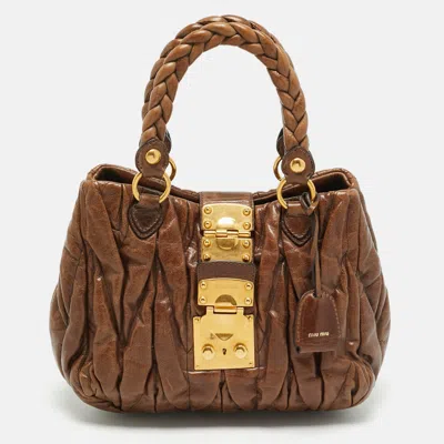 Pre-owned Miu Miu Coffer Small Matelassé Leather Hobo In Brown