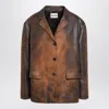 Miu Miu Cognac Waxed Suede Leather Jacket In Brown