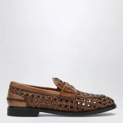 Miu Miu Cognaccolored Woven Leather Penny Loafers In Animal Print