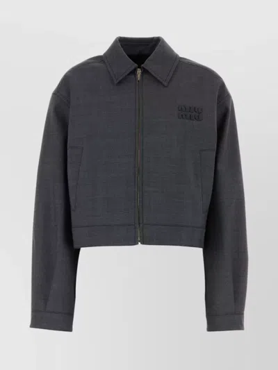 Miu Miu Collared Cropped Glencheck Jacket Long Sleeves In Multicolor