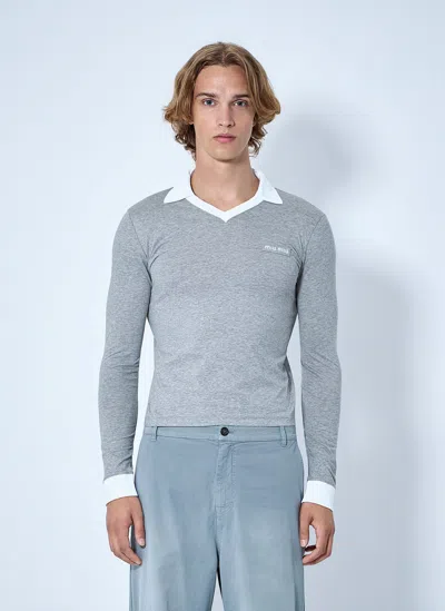 Miu Miu Collared Long Sleeve Knit Sweater In Gray