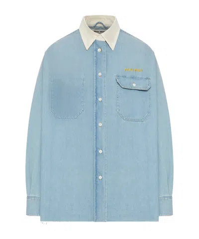Miu Miu Denim Shirt With Contrasting Collar And Embroidered Logo In Blue
