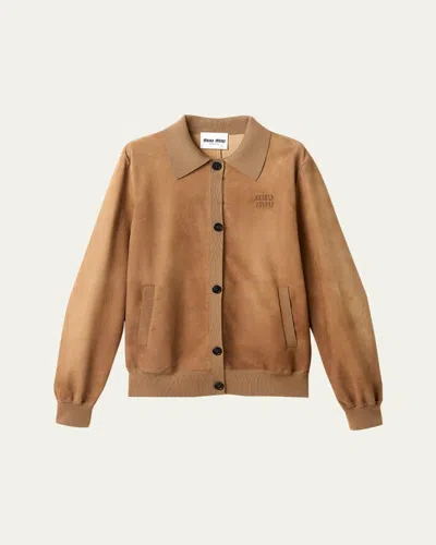 Miu Miu Collared Suede Single-breasted Jacket In Brown