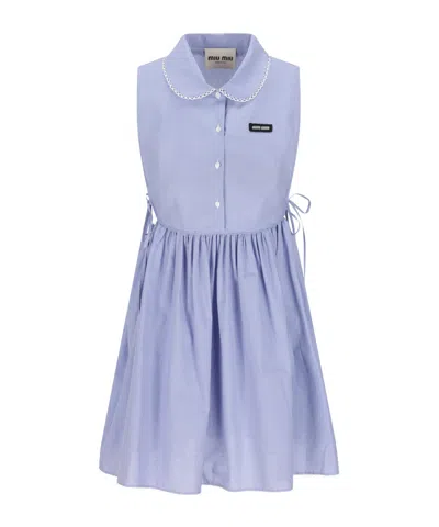 Miu Miu Vichy Dress Sleeveless Gathered Waist Bow Collar In Blue