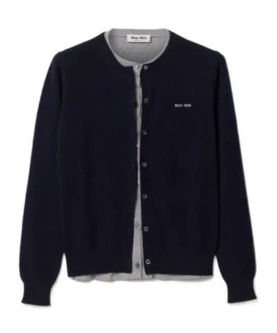 Miu Miu Color-block Crew-neck Knit Cardigan In Blue