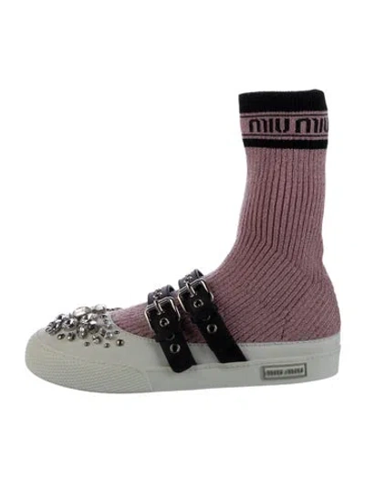 Pre-owned Miu Miu Colorblock Pattern Crystal Embellishments Sock Sneakers In Pink