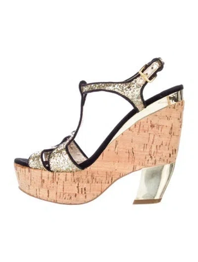 Pre-owned Miu Miu Colorblock Pattern Glitter Accents T-strap Sandals In Gold