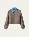 Miu Miu Contrast Collar Zip Crop Jacket In Gray