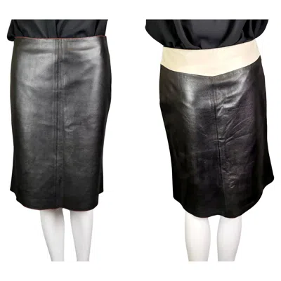 Pre-owned Miu Miu Contrast Leather Midi Skirt In Black