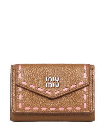 Miu Miu Contrast-stitch Leather Wallet In Brown