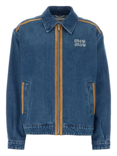 Miu Miu Denim Jacket With Contrast Trim And Pockets In Blue