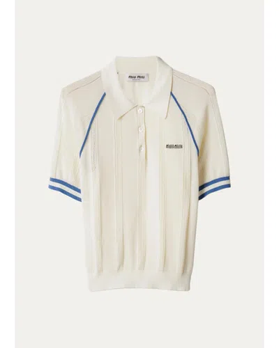 Miu Miu Contrast-striped Cotton-blend Polo Shirt In Neutral