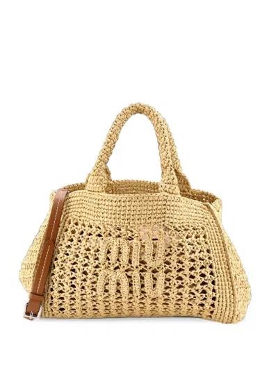 Pre-owned Miu Miu Convertible Open Tote Crochet Raffia Shoulder Bag In Brown