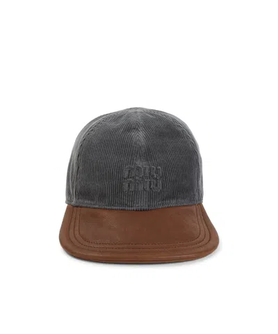 Miu Miu Corduroy And Leather Baseball Cap In Gray