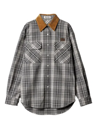 Miu Miu Long Sleeve Plaid Shirt With Chest Pockets In Gray