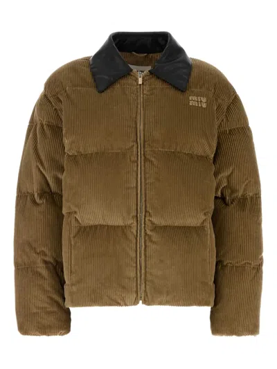 Miu Miu Corduroy Padded High Collar Down Jacket In Brown