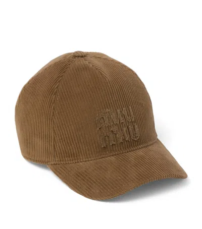 Miu Miu Corduroy Logo Baseball Cap In Gray