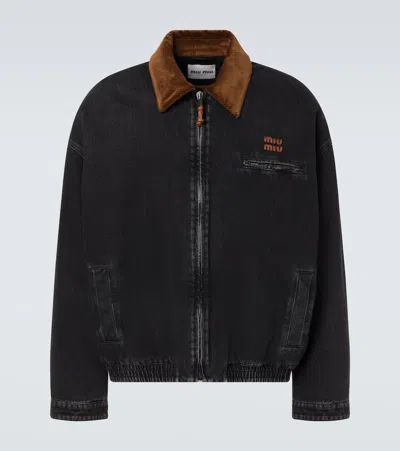 Miu Miu Corduroy-trimmed Denim Blouson Jacket In Black