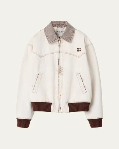 Miu Miu Corduroy-collar Zip Western Jacket In White