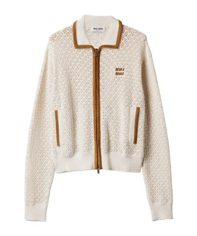 Miu Miu Cotton And Suede Cardigan In Gray