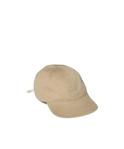 Miu Miu Cotton Baseball Cap In Brown