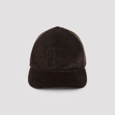 Miu Miu Cotton Baseball Logo Hat In Brown