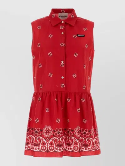 Miu Miu Cotton Blend Dress Collar Floral Embroidery In Red