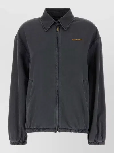 Miu Miu Cotton Bomber Jacket Elasticated Cuffs Hem Pockets In Gray