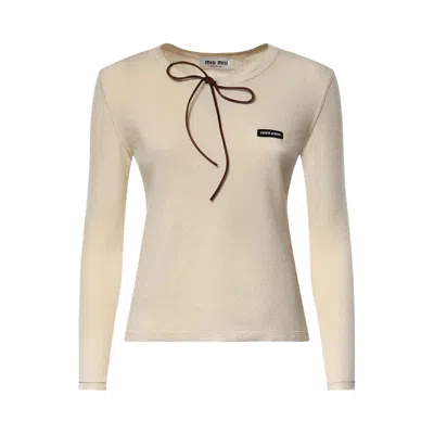 Pre-owned Miu Miu Cotton Bow T-shirt 'ecru' | Cream | Women's Size M In White