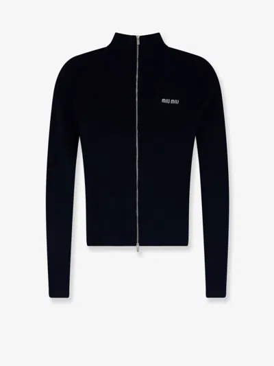 Miu Miu Cotton Cardigan With Front Logo Inlay In Blue