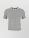 Miu Miu Cotton Crew Neck Sweater With Ribbed Texture In Gray