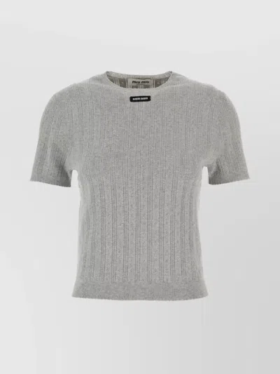 Miu Miu Cotton Crew Neck Sweater With Ribbed Texture