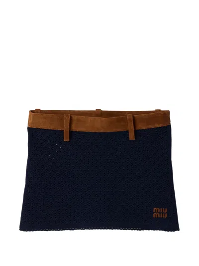 Miu Miu Cotton Crochet And Suede Miniskirt In Black