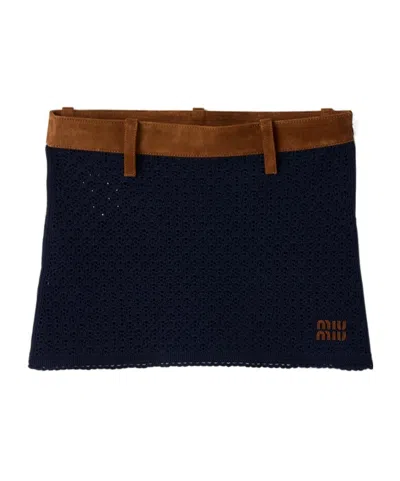 Miu Miu Cotton Crochet And Suede Miniskirt In Black