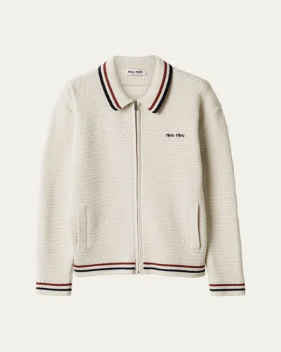 Miu Miu Cotton Crochet Color F7 Long Sleeve Zip Up Cardigan In Neutral